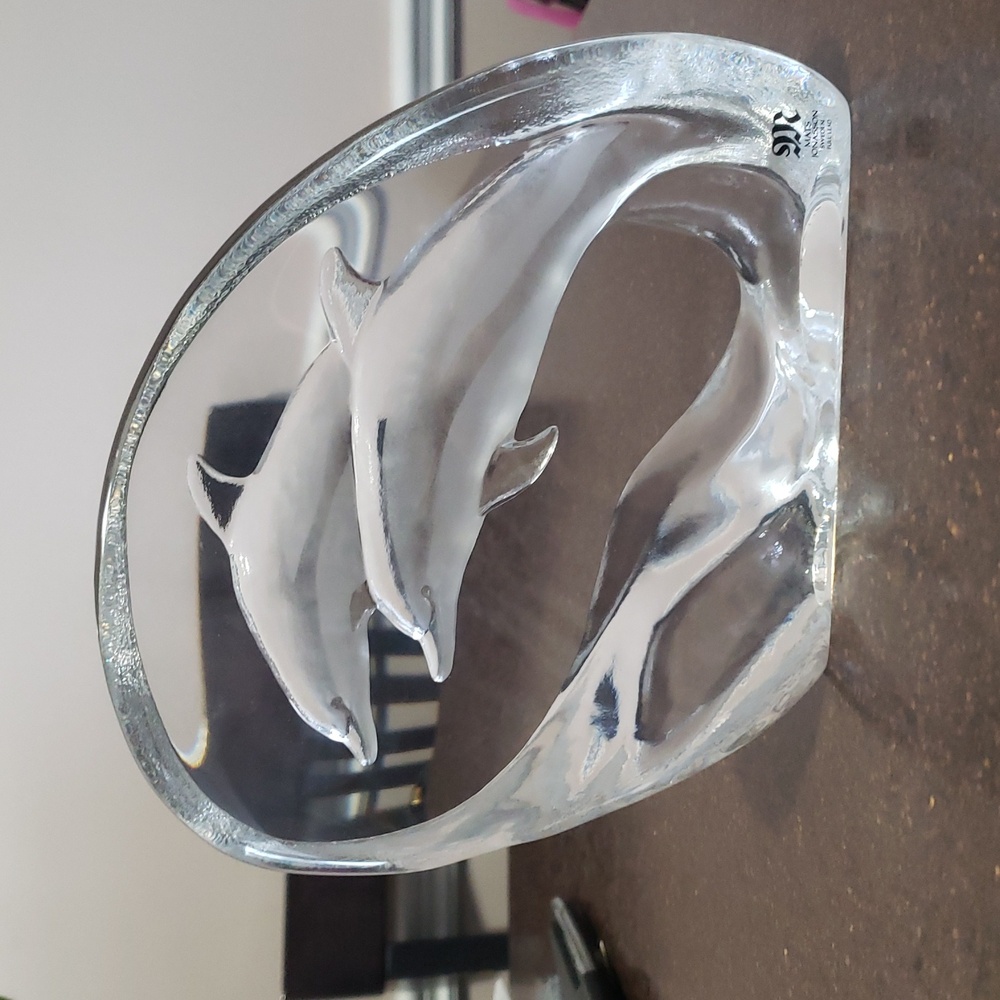 Signed Sweden Crystal - Mats Jonasson "Jumping Dolphins" Sculpture/Paperweight.